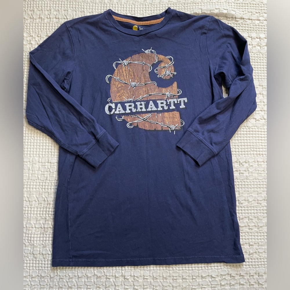 Boys Carhartt Barbed Wire Long Sleeve Graphic‎ Tee Navy Blue Large 14-16